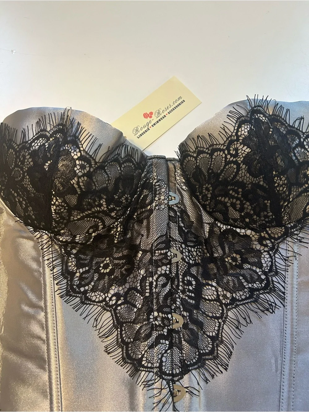 NWT Rouge Roses Silver/Black Satin Lace-Trim Bustier Bandeau 2XL
